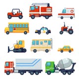 Contém como o carro industrial pesado do veículo, trator, ônibus escolar da ambulância da polícia, carro da luta contra o incêndi ilustração stock Contém como o carro industrial pesado do veículo, trator, ônibus escolar da ambulância da polícia, carro da luta contra o incêndi ilustração stock