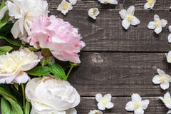 Convite do casamento ou modelo do cartão do aniversário decorado com as peônias e as flores cor-de-rosa e cremosas do jasmim Fotografia de Stock