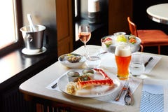 Cooked Crab, Seafood With Sauces, Beer, On The Table In The Restaurant Stock Photo Cooked Crab, Seafood With Sauces, Beer, On The Table In The Restaurant Stock Photo