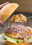 A chicken burger with mushrooms royalty free stock photo A chicken burger with mushrooms royalty free stock photo