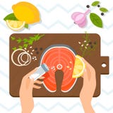 Cooking: Delicious fresh salmon steak with aromatic herbs, lemon and garlic. Vector illustration Stock Photos Cooking: Delicious fresh salmon steak with aromatic herbs, lemon and garlic. Vector illustration Stock Photos
