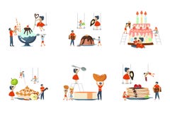 Set of oversize dish and mini people vector illustration Set of oversize dish and mini people vector illustration