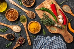 Cooking table with spices and herbs Stock Photo Cooking table with spices and herbs Stock Photo