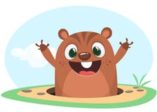 Cool cartoon marmot or chipmunk or humster in major hat waving his hands looking out of its borrow on spring background. Vector vector illustration Cool cartoon marmot or chipmunk or humster in major hat waving his hands looking out of its borrow on spring background. Vector vector illustration