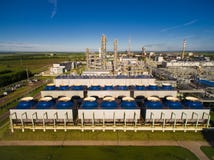 The cooling fans and units for nitric acid production on fertilizer plant. Aerial view stock image The cooling fans and units for nitric acid production on fertilizer plant. Aerial view stock image