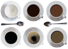 Copos, café enchido ou chá, colher, placas, preto, latte, bolhas, malte, vista superior no fundo branco iaolated foto de stock royalty free Copos, café enchido ou chá, colher, placas, preto, latte, bolhas, malte, vista superior no fundo branco iaolated foto de stock royalty free