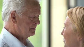 Coppie anziane amorose e felici in un appartamento moderno parlano e sorridono stock footage Coppie anziane amorose e felici in un appartamento moderno parlano e sorridono stock footage
