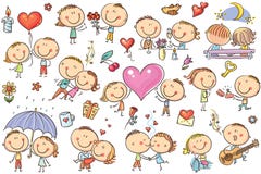 Coppie felici del fumetto nell'amore, insieme di giorno del ` s del biglietto di S. Valentino illustrazione di stock Coppie felici del fumetto nell'amore, insieme di giorno del ` s del biglietto di S. Valentino illustrazione di stock