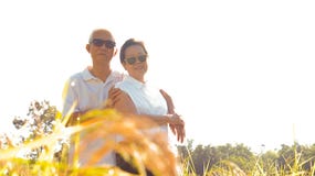 Coppie senior asiatiche felici all'affare archivato riso organico immagini stock Coppie senior asiatiche felici all'affare archivato riso organico immagini stock