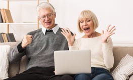 Coppie senior emozionanti che celebrano vittoria, offerta online di conquista dell'asta immagine stock libera da diritti Coppie senior emozionanti che celebrano vittoria, offerta online di conquista dell'asta immagine stock libera da diritti