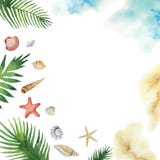 Coquillages colorés de vecteur d'aquarelle et feuilles tropicales d'isolement sur un fond blanc Image stock Coquillages colorés de vecteur d'aquarelle et feuilles tropicales d'isolement sur un fond blanc Image stock