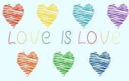 Corazones de diversos colores del arco iris en un fondo azul claro y el amor de la inscripción S ilustración del vector Corazones de diversos colores del arco iris en un fondo azul claro y el amor de la inscripción S ilustración del vector