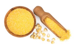 Corn groats or cornmeal isolated on white background. Top view. Flat lay royalty free stock photography Corn groats or cornmeal isolated on white background. Top view. Flat lay royalty free stock photography