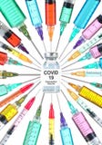 Corona virus cure concept. Covid 19, Coronavirus vaccine drug vial surrounded by colorful syringes with needles pointed towards
