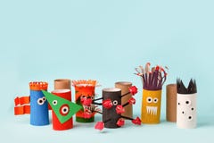 Coronavirus COVID-19 Disease 2020. Paper Toy Monsters For Halloween Party. Easy Crafts For Kids On Blue Background, Child Art Stock Photo Coronavirus COVID-19 Disease 2020. Paper Toy Monsters For Halloween Party. Easy Crafts For Kids On Blue Background, Child Art Stock Photo