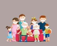 Coronavirus disease protection, Big family wear face masks for preventing COVID-19. Vector illustration in a flat style.