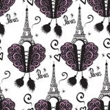 Corset lacing and black ink Eiffel Tower. Paris and corsets. Vector Seamless pattern isolated on white background. Stock Image Corset lacing and black ink Eiffel Tower. Paris and corsets. Vector Seamless pattern isolated on white background. Stock Image