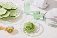 Cosmetic bottle and fresh organic cucumber for skincare. Home sp stock images Cosmetic bottle and fresh organic cucumber for skincare. Home sp stock images
