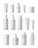 Cosmetic brand template. Realistic bottle set.