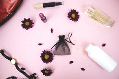 Cosmetics on the table at the woman. Cosmetic bag, cosmetic and hygiene products. Pink background for text royalty free stock photo Cosmetics on the table at the woman. Cosmetic bag, cosmetic and hygiene products. Pink background for text royalty free stock photo