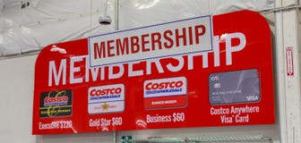 Costco Wholesale Membership Sign. Costco Wholesale Corporation is largest membership-only warehouse club in US. stock images Costco Wholesale Membership Sign. Costco Wholesale Corporation is largest membership-only warehouse club in US. stock images