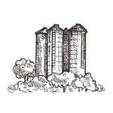 Country landscape with grain elevator. Sketch graphics. stock illustration Country landscape with grain elevator. Sketch graphics. stock illustration