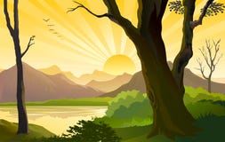 Country side Sunrise among small hills and river royalty free illustration Country side Sunrise among small hills and river royalty free illustration