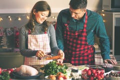 Couple celebrating Christmas in the kitchen cooking christmas duck or Goose royalty free stock photography Couple celebrating Christmas in the kitchen cooking christmas duck or Goose royalty free stock photography