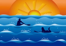 Couple in love surfers at sunset royalty free illustration Couple in love surfers at sunset royalty free illustration