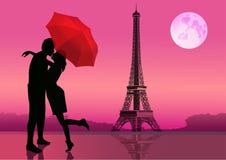 Couple Of Lovers In Paris At Night, Moon On Background. Vector Illustration Stock Photography Couple Of Lovers In Paris At Night, Moon On Background. Vector Illustration Stock Photography