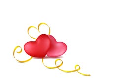 Couple red, rose hearts with golden calligraphy stripe. Isolated objects. Valentines day greeting card design in 3d style on white vector illustration Couple red, rose hearts with golden calligraphy stripe. Isolated objects. Valentines day greeting card design in 3d style on white vector illustration