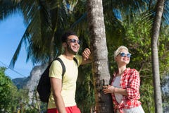 Couple On Tropical Beach Palm Trees Summer Sea Vacation, Beautiful Young People Lovers, Man Woman Holiday Royalty Free Stock Images Couple On Tropical Beach Palm Trees Summer Sea Vacation, Beautiful Young People Lovers, Man Woman Holiday Royalty Free Stock Images