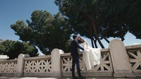 Couples de mariage sur le pont en pierre romantique au-dessus du Tibre à Rome Marié élégant embrassant avec la belle jeune mariée banque de vidéos Couples de mariage sur le pont en pierre romantique au-dessus du Tibre à Rome Marié élégant embrassant avec la belle jeune mariée banque de vidéos