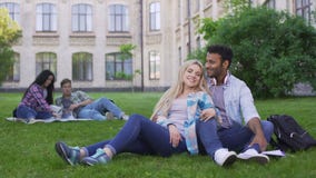 Couples multiraciaux détendant sur l'herbe, parlant et souriant, première passion, étudiants banque de vidéos Couples multiraciaux détendant sur l'herbe, parlant et souriant, première passion, étudiants banque de vidéos