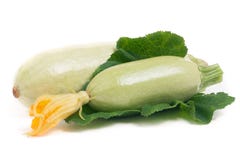 Courgette deux avec la fleur et la feuille d'isolement sur le fond blanc Images stock Courgette deux avec la fleur et la feuille d'isolement sur le fond blanc Images stock