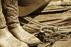 Cowboy Boots, Hat, Rope & Bits (Sepia)