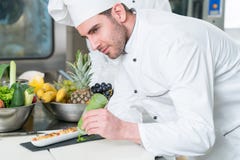 Cozinheiro chefe novo que prepara a refeição na cozinha imagens de stock Cozinheiro chefe novo que prepara a refeição na cozinha imagens de stock