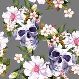 Crani umani, fiori nello stile di lerciume Reticolo senza giunte watercolor royalty illustrazione gratis Crani umani, fiori nello stile di lerciume Reticolo senza giunte watercolor royalty illustrazione gratis