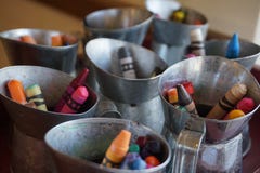 Crayons in mini milk tins stock photography Crayons in mini milk tins stock photography
