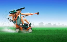 Crazy Workman Driving Lawn Mower Royalty Free Stock Images Crazy Workman Driving Lawn Mower Royalty Free Stock Images