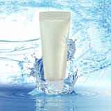 Cream bottle mock up in water splash on blue bokeh background. vector illustration Cream bottle mock up in water splash on blue bokeh background. vector illustration