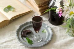 Cream de Cassis homemade blackcurrant liqueur in small glasses, books and flowers. Rustic style. royalty free stock images Cream de Cassis homemade blackcurrant liqueur in small glasses, books and flowers. Rustic style. royalty free stock images
