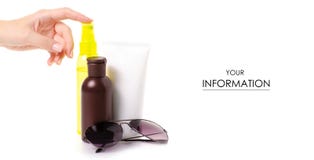 Cream oil spray for suntan sun glasses hand pattern royalty free stock photography Cream oil spray for suntan sun glasses hand pattern royalty free stock photography