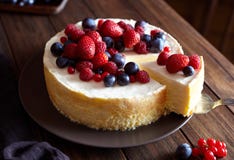 Creamy mascarpone cheese cake with strawberry and winter berries. New York Cheesecake. Close up.