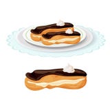 Creamy soft delicious eclair covered with chocolate on plate Royalty Free Stock Images Creamy soft delicious eclair covered with chocolate on plate Royalty Free Stock Images