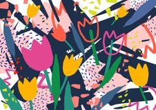 Creatieve horizontale achtergrond met tulpenbloemen en kleurrijke abstracte vlekken en gekrabbel Heldere gekleurde decoratief royalty-vrije illustratie Creatieve horizontale achtergrond met tulpenbloemen en kleurrijke abstracte vlekken en gekrabbel Heldere gekleurde decoratief royalty-vrije illustratie