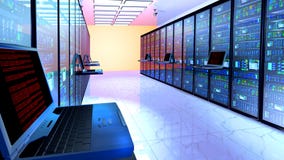 Terminal monitor in server room with server racks in datacenter stock images Terminal monitor in server room with server racks in datacenter stock images