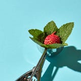The spoon for ice cream with litchi fruit and mint leaves on a blue background with hard shadows. Food concept. Stock Photo The spoon for ice cream with litchi fruit and mint leaves on a blue background with hard shadows. Food concept. Stock Photo