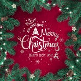 Creative frame made of Christmas fir branches. Silver Merry Christmas text on red background with lights, pine cones stock illustration Creative frame made of Christmas fir branches. Silver Merry Christmas text on red background with lights, pine cones stock illustration