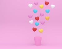 Creative Idea Layout Made Of Colorful Hearts Shape Float With Flowerpot On Pink Background. Minimal Concept Of Love And Valentine Royalty Free Stock Photography